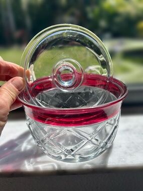 Mid Century Etched Crystal and Cranberry Glass Candy Dish